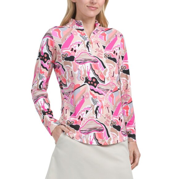 G LIFESTYLE Beige Multi Upf 50 Long Sleeve Zip Mock Neck Jacket - Picture 1 of 2